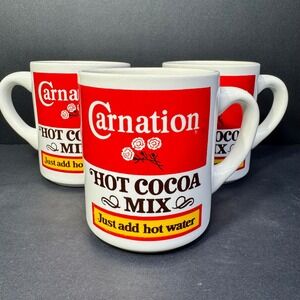 Vintage Carnation Hot Cocoa Mix Ceramic Mugs Set of 3 White Red Retro 1980s 8oz.